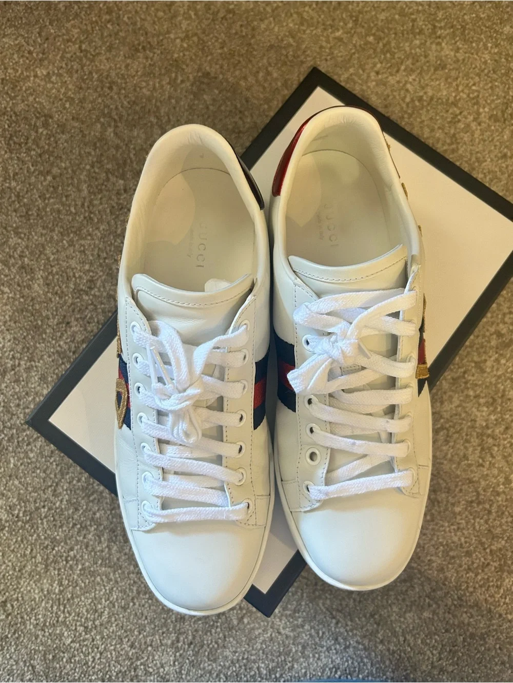 GUCCI White 'Loved' Leather Sneaker with Red & Blue Heel Tabs